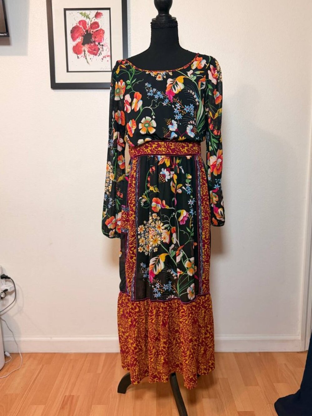 Anthtopologie Adair Velvet-Trimmed Midi Dress Boho Floral